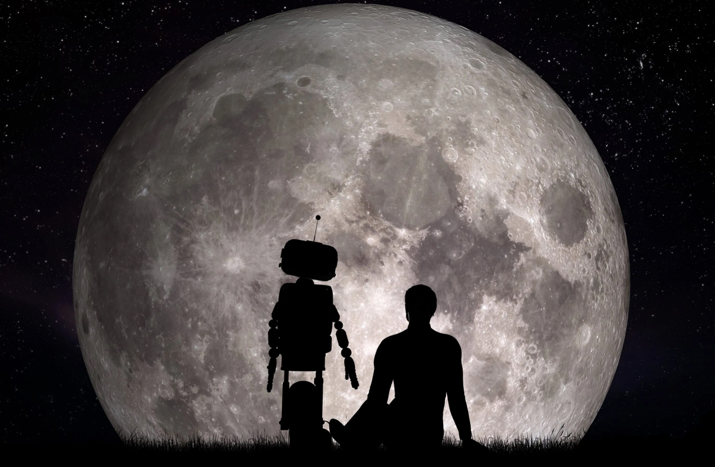 umano e robot che guardano la luna