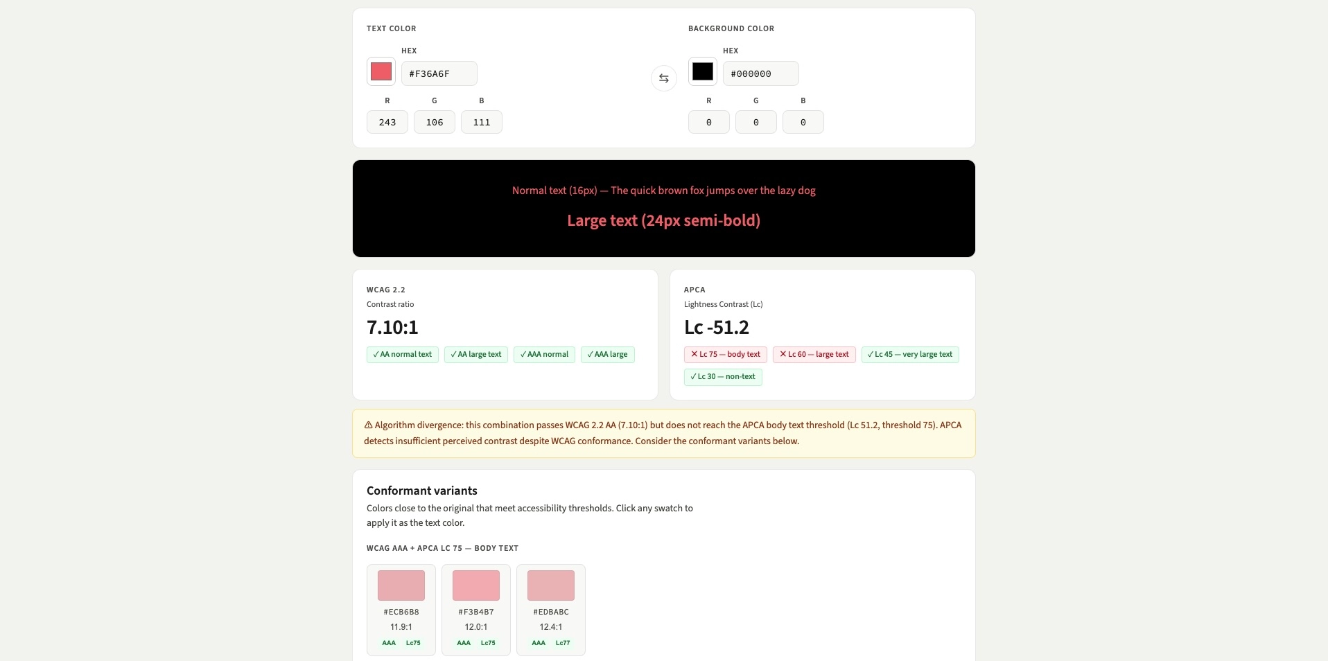 Anteprima del Contrast Checker di Hedron con valori WCAG 2.x e APCA a confronto