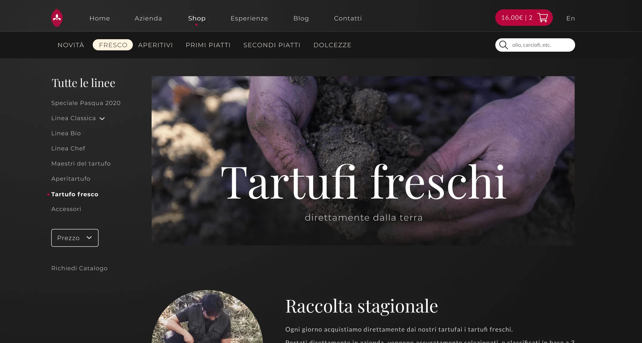Sezione shop del sito Calugi con immagine di mani che estraggono tartufi freschi dalla terra, accompagnate dal testo 'Tartufi freschi direttamente dalla terra' su sfondo scuro
