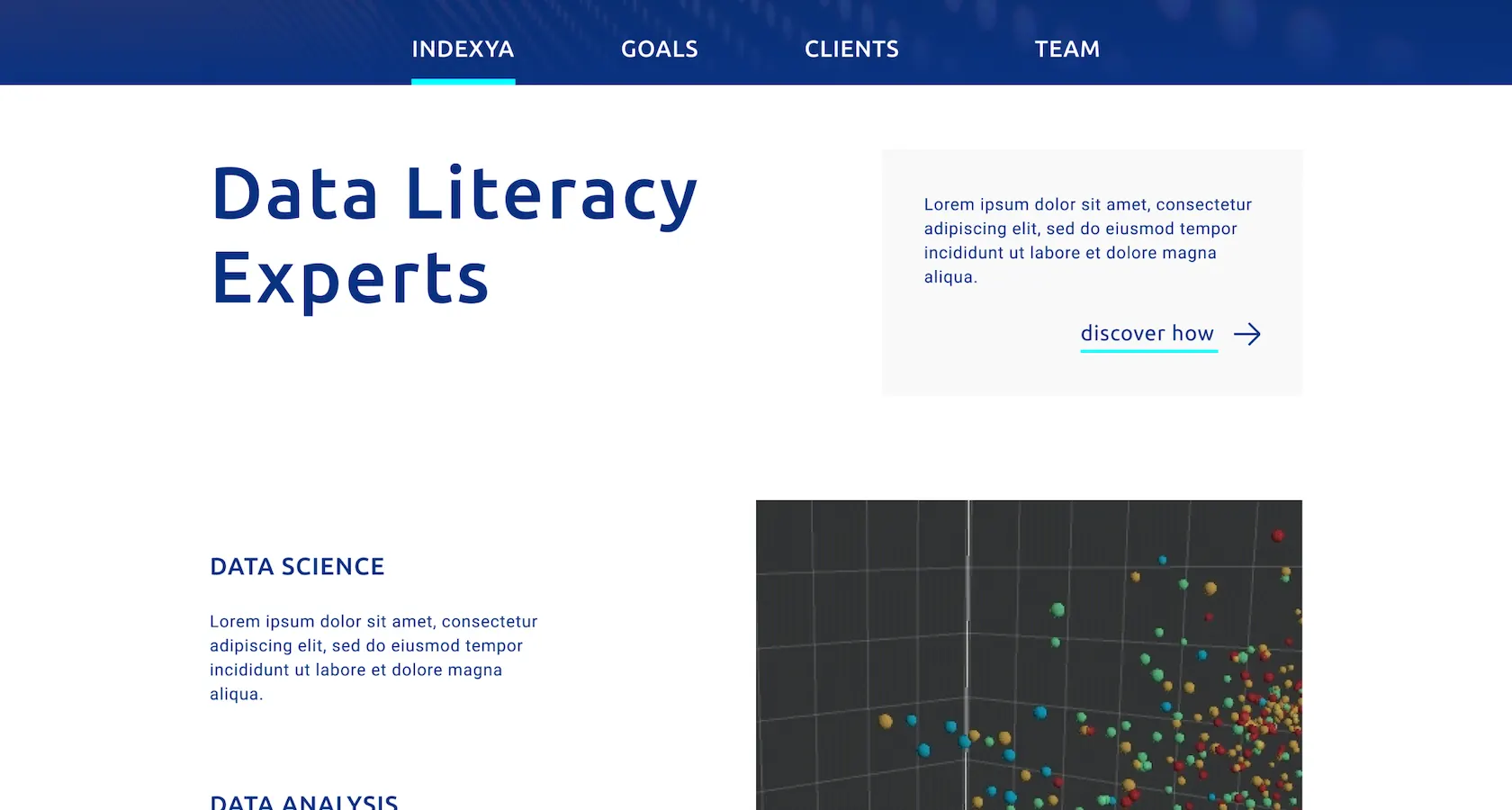 Sezione del sito Indexa con intestazione 'Data Literacy Experts'. Sotto, voci come 'Data Science' e 'Data Analysis' accompagnate da testo segnaposto. A destra, un box con testo e link 'discover how'. Nella parte inferiore, visualizzazione 3D di dati con punti colorati su uno sfondo nero.
