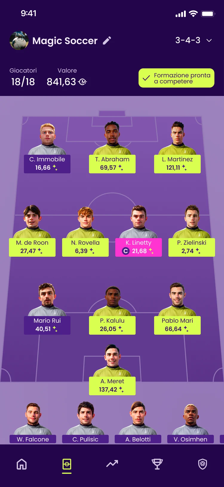 sezione 'my 11' dell'app' che mostra un campo da calcio con i giocatori schierati in stile fantacalcistico.