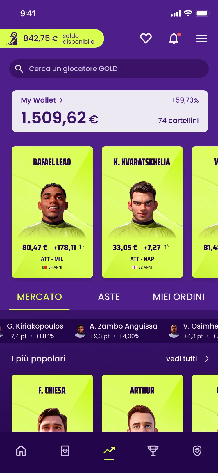 sezione dell'app in cui si mostrano i cartellini dei giocatori, con il valore in euro e un banner con il saldo del portafoglio.