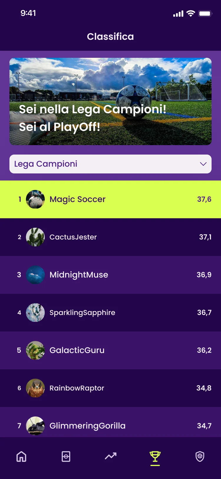 sezione dell'app con le classifiche delle leghe del fantacalcio.