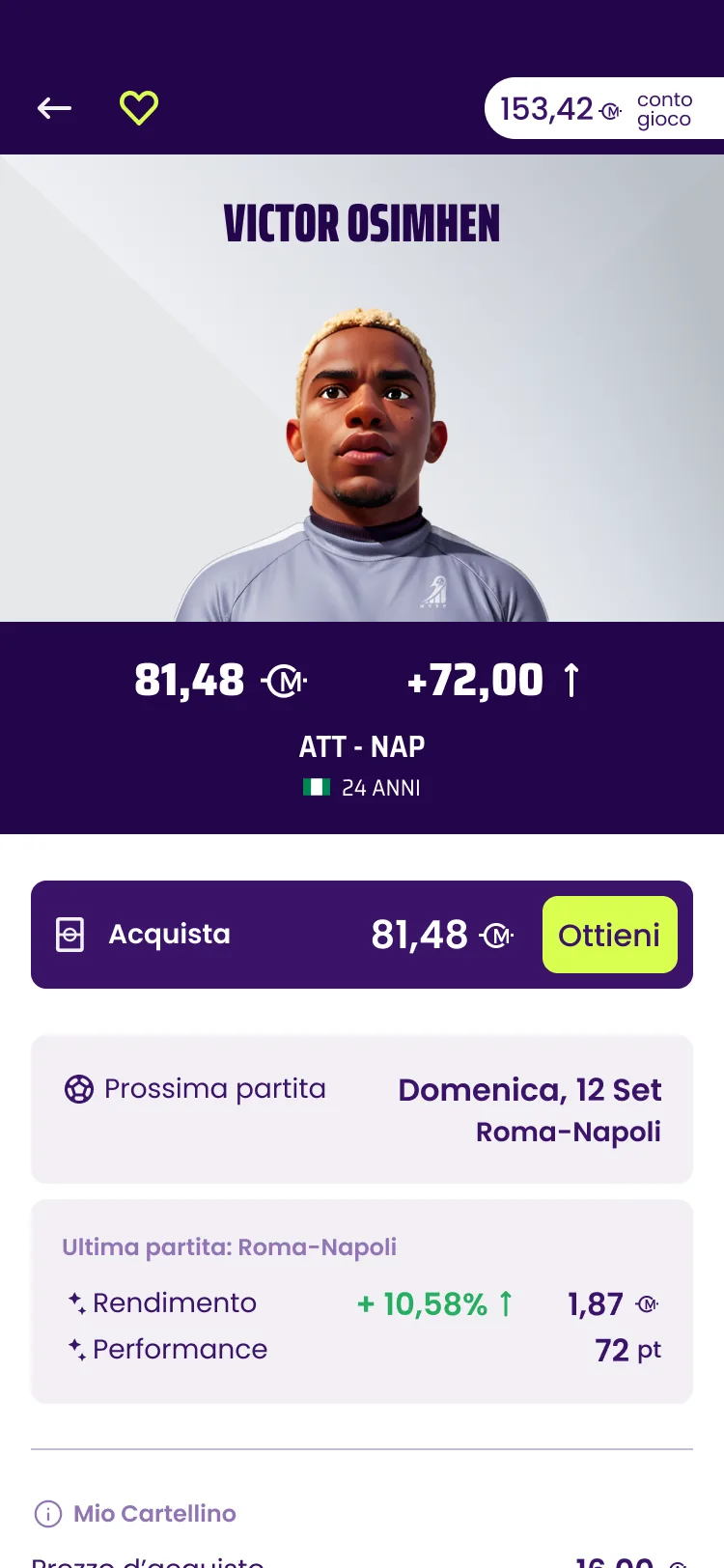 sezione di dettaglio di un cartellino di un giocatore, con il suo valore e la variazione percentuale in base alla performance e il rendimento recente.