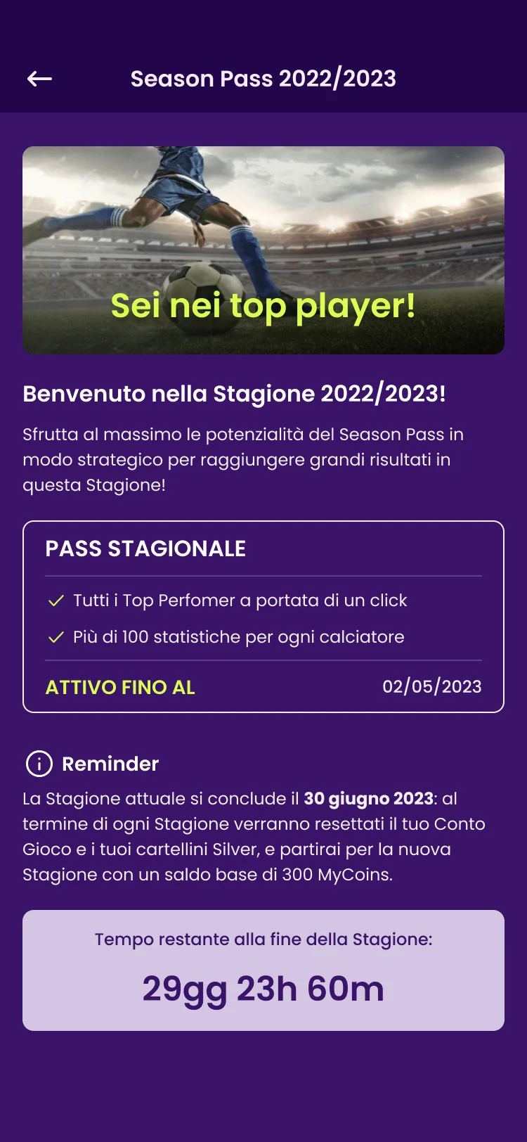 sezione 'pass stagionale' dove sono mostrati i vantaggi derivanti dall'acquisto del pass all'interno dell'app.