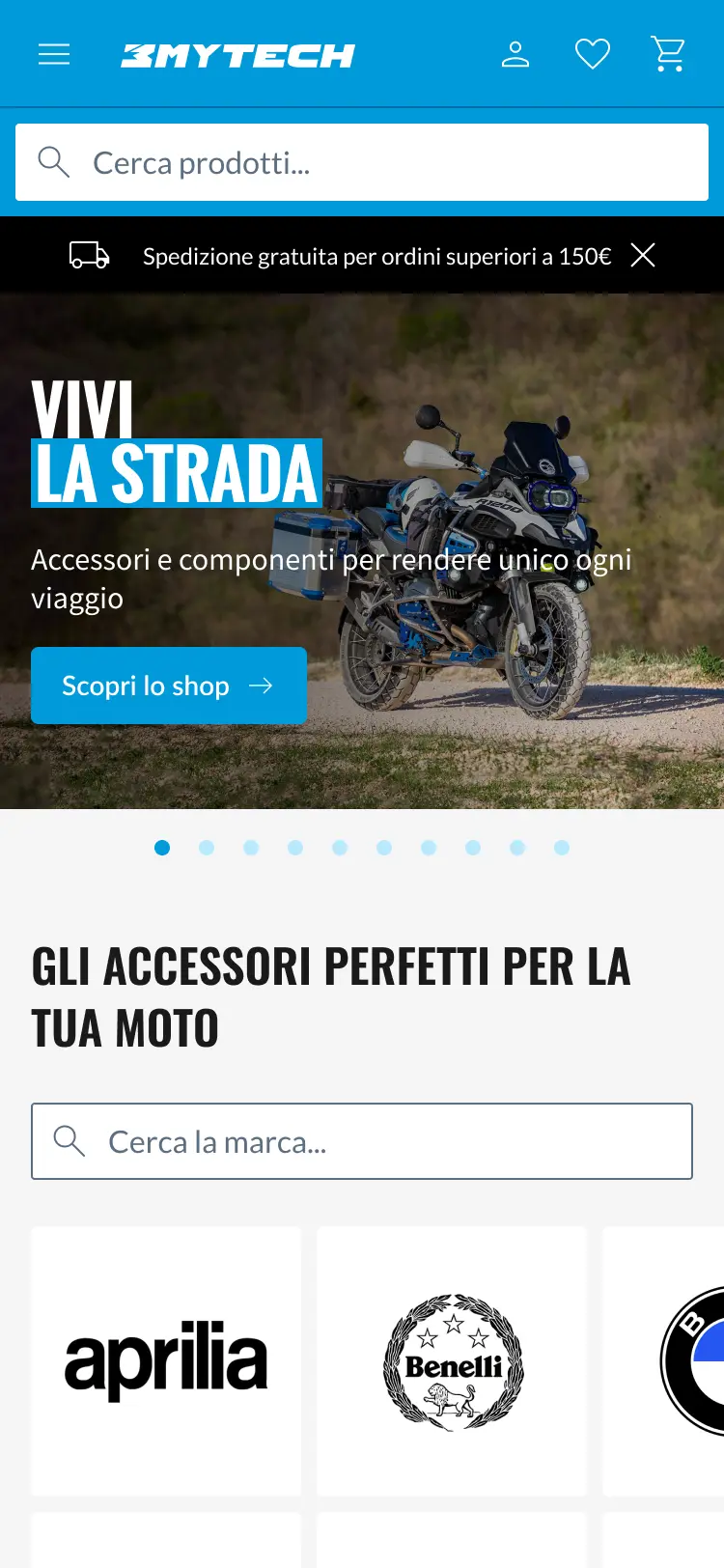 home page dell'e-commere mytech, che mostra l'immagine di una moto e form di ricerca dei prodotti.'