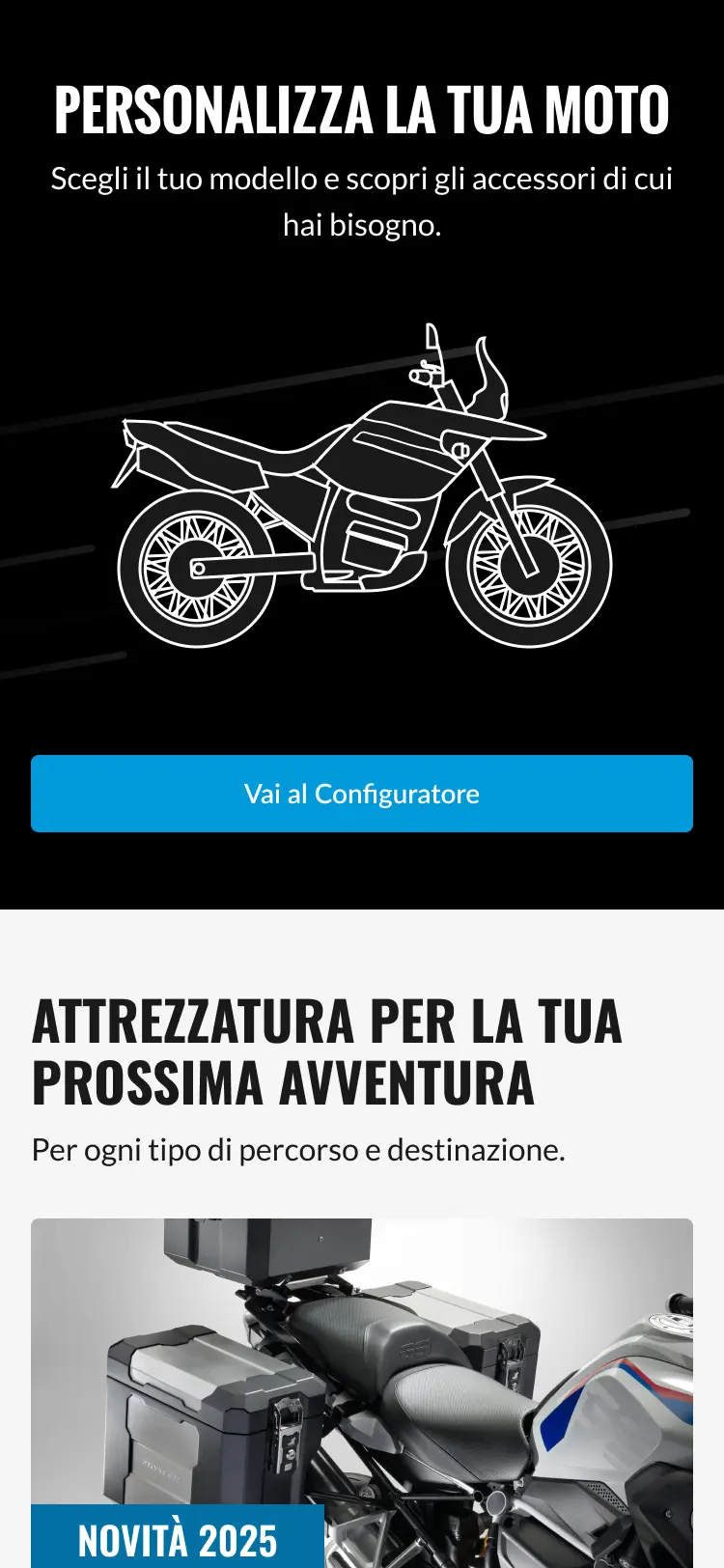 sezione del sito mytech, che mostra il configuratore per personalizzare gli accessori in base alla moto che si possiede.