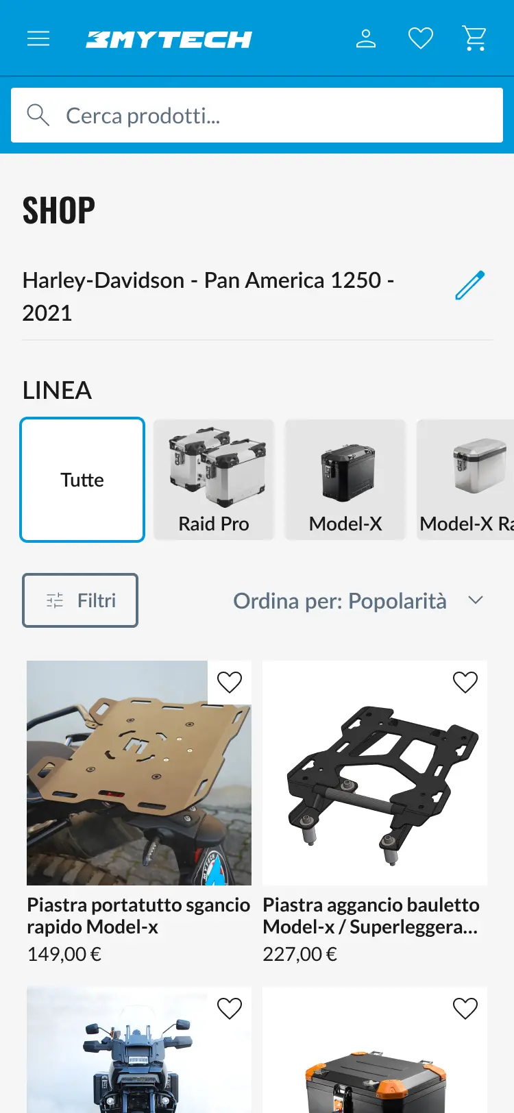sezione del sito mytech che mostra il catalogo prodotti e accessori moto.