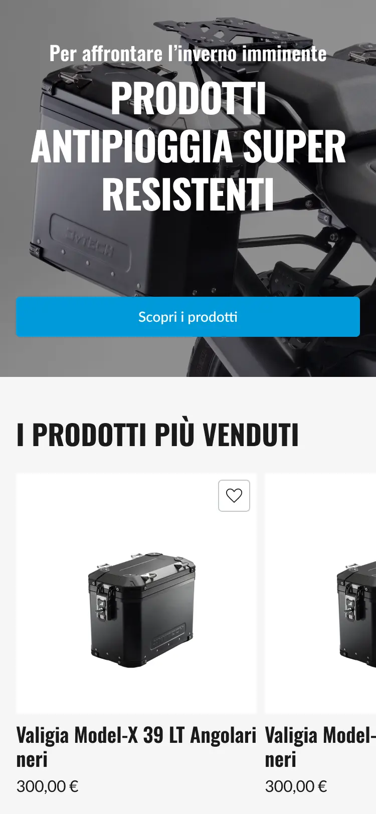 sezione del sito mytech che mostra prodotti antipioggia e bauletti per moto.