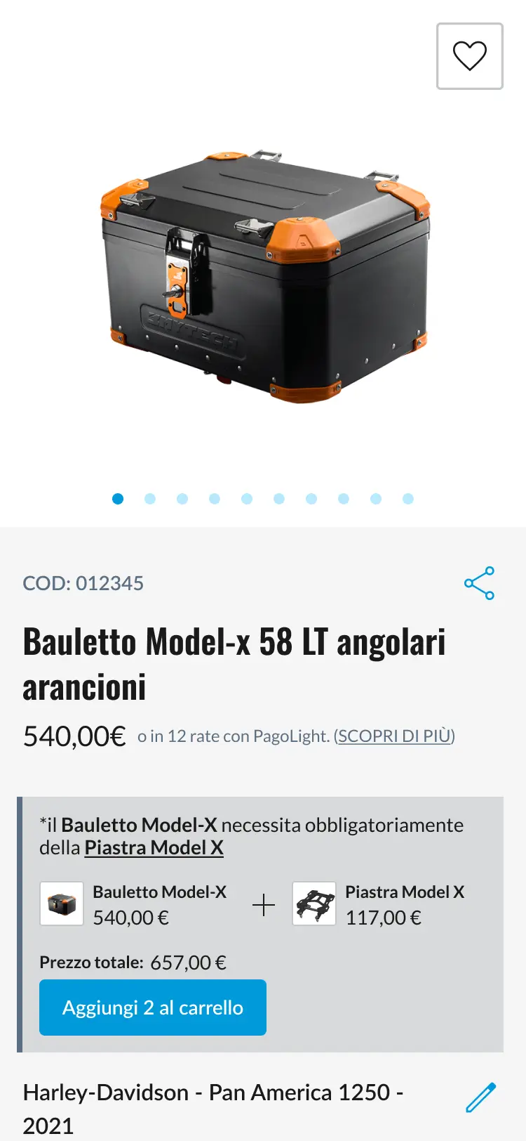 sezione del sito mytech che mostra il dettaglio prodotto di un bauletto per moto.
