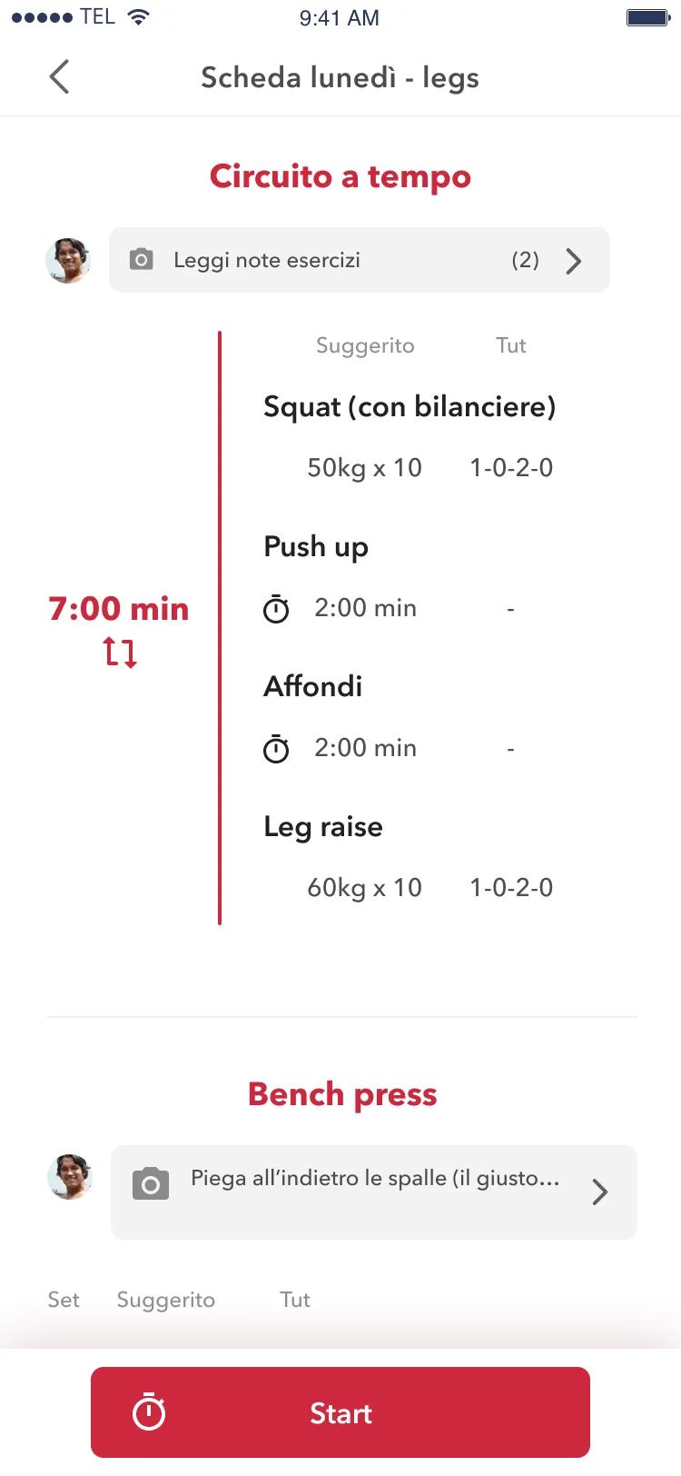 chermata della scheda di allenamento 'lunedì - legs'. Circuito a tempo di 7 minuti con esercizi.