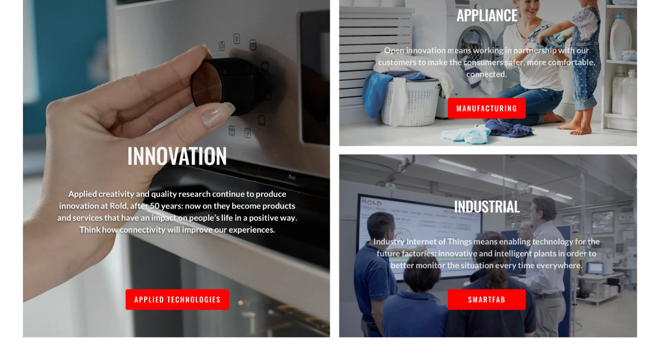 Tre sezioni del sito ROLD dedicate ai settori di attività: Innovation, Appliance e Industrial.