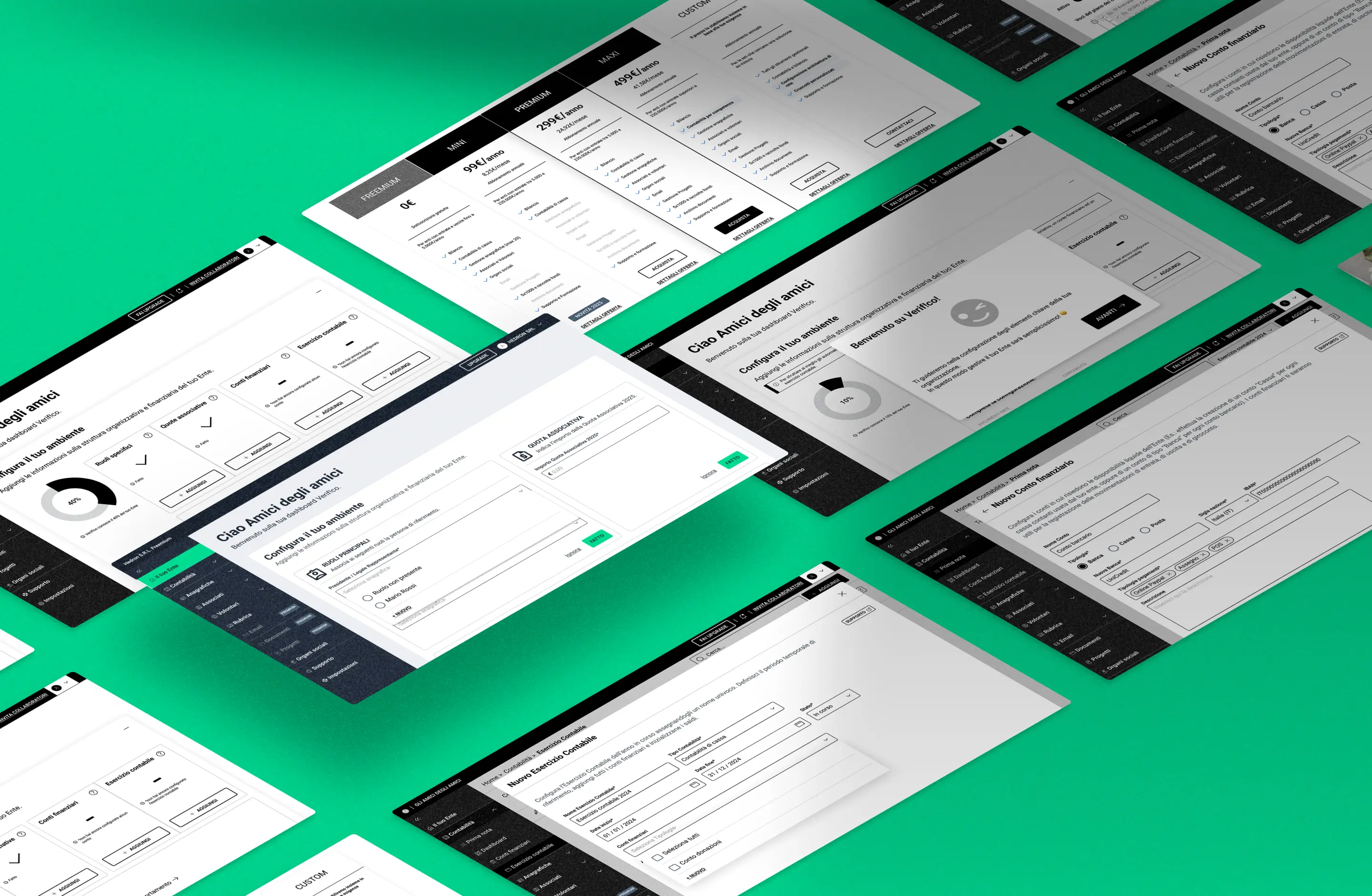 Schermate desktop che mostrano l'onboarding e i form del gestionale Verifico.