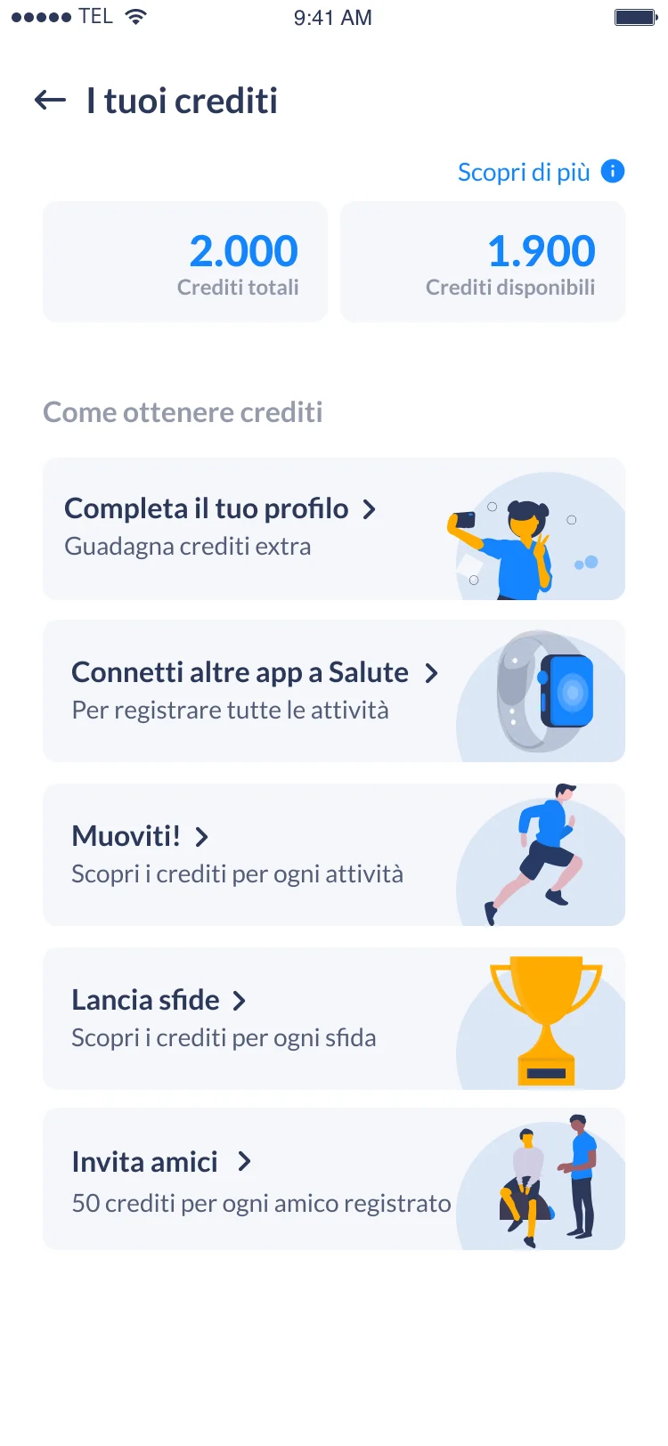 Schermata 'I tuoi crediti' dell'app Virtuoso. Mostra 2.000 crediti totali e 1.900 disponibili. Elenco di azioni per ottenere crediti extra: completare il profilo, connettere app Salute, muoversi, lanciare sfide e invitare amici