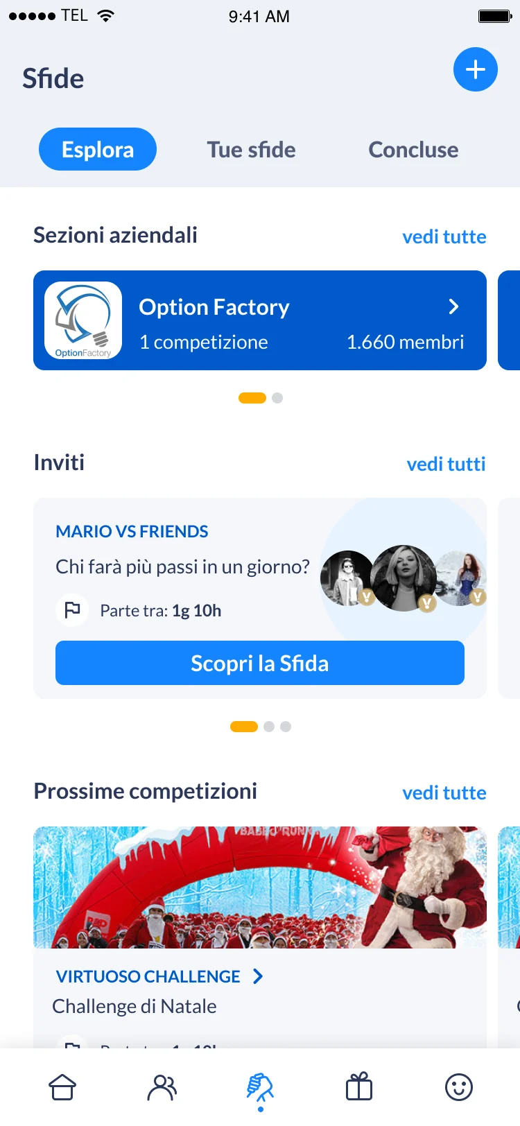 Schermata Sfide dell'app Virtuoso. Sezione 'Esplora' con competizioni aziendali (es. Option Factory con 1.660 membri), invito alla sfida 'Mario vs Friends' su chi farà più passi in un giorno, e anteprima della competizione 'Virtuoso Challenge – Challenge di Natale'.