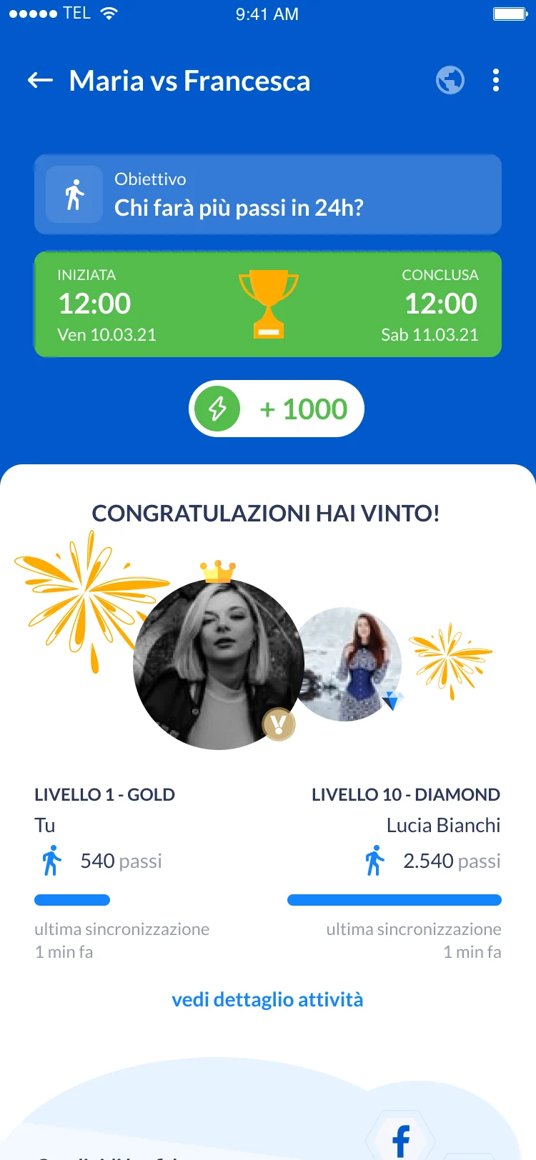 Schermata di fine sfida dell'app Virtuoso tra Maria e Francesca. Obiettivo: chi farà più passi in 24 ore.