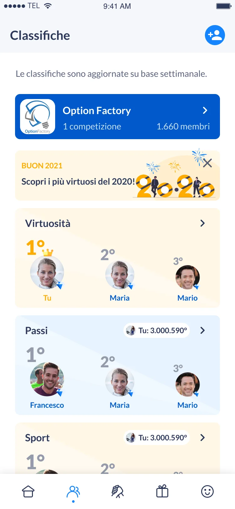 Schermata 'Classifiche' dell'app Virtuoso, aggiornata settimanalmente. Mostra la sezione aziendale Option Factory con 1 competizione e 1.660 membri.