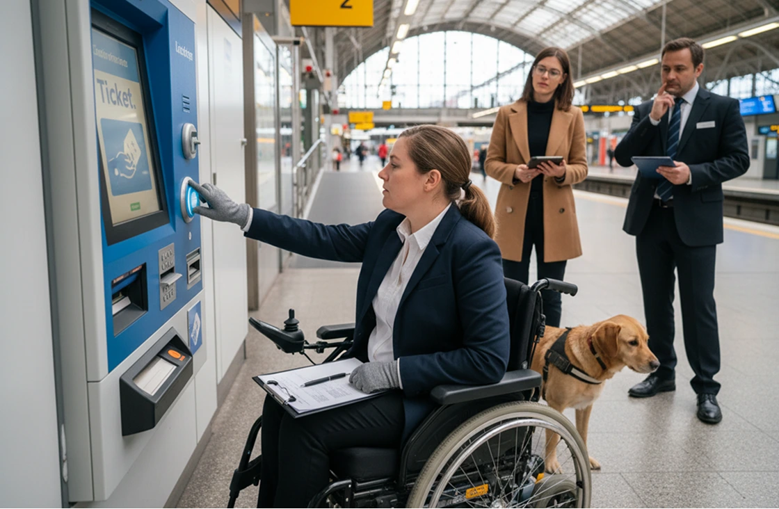 donna su sedia a rotelle che testa una ticketing machine con osservatori esperti in stazione ferroviaria